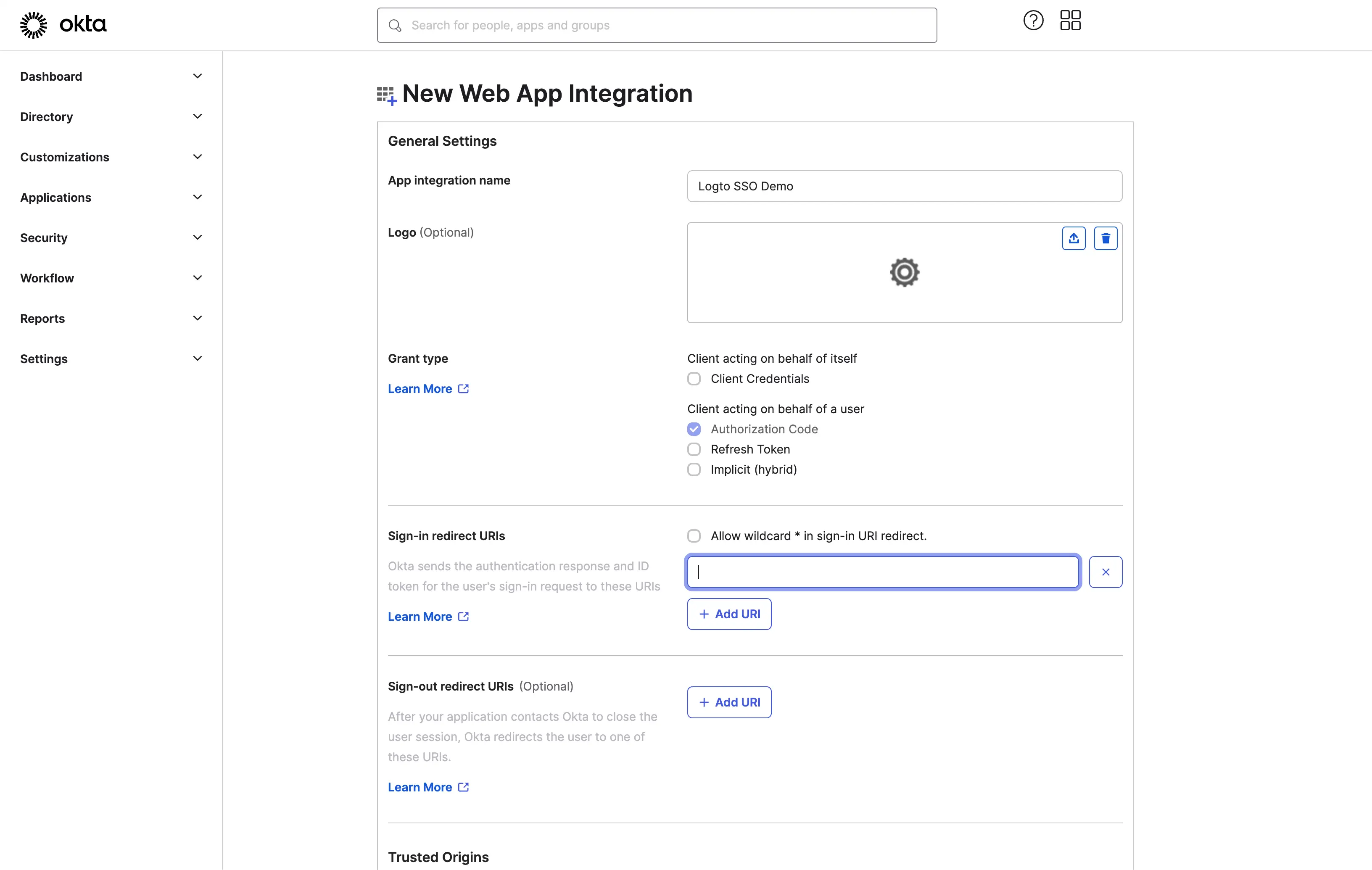 Paramètres de l'application Okta